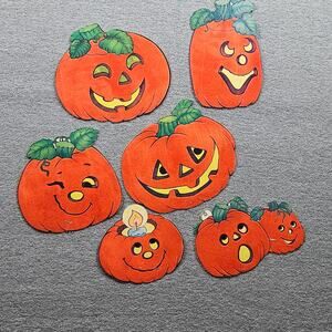VTG Set Of 6 Flocked Die Cut Pumpkins Jack-O-Lantern Halloween Decor Window
